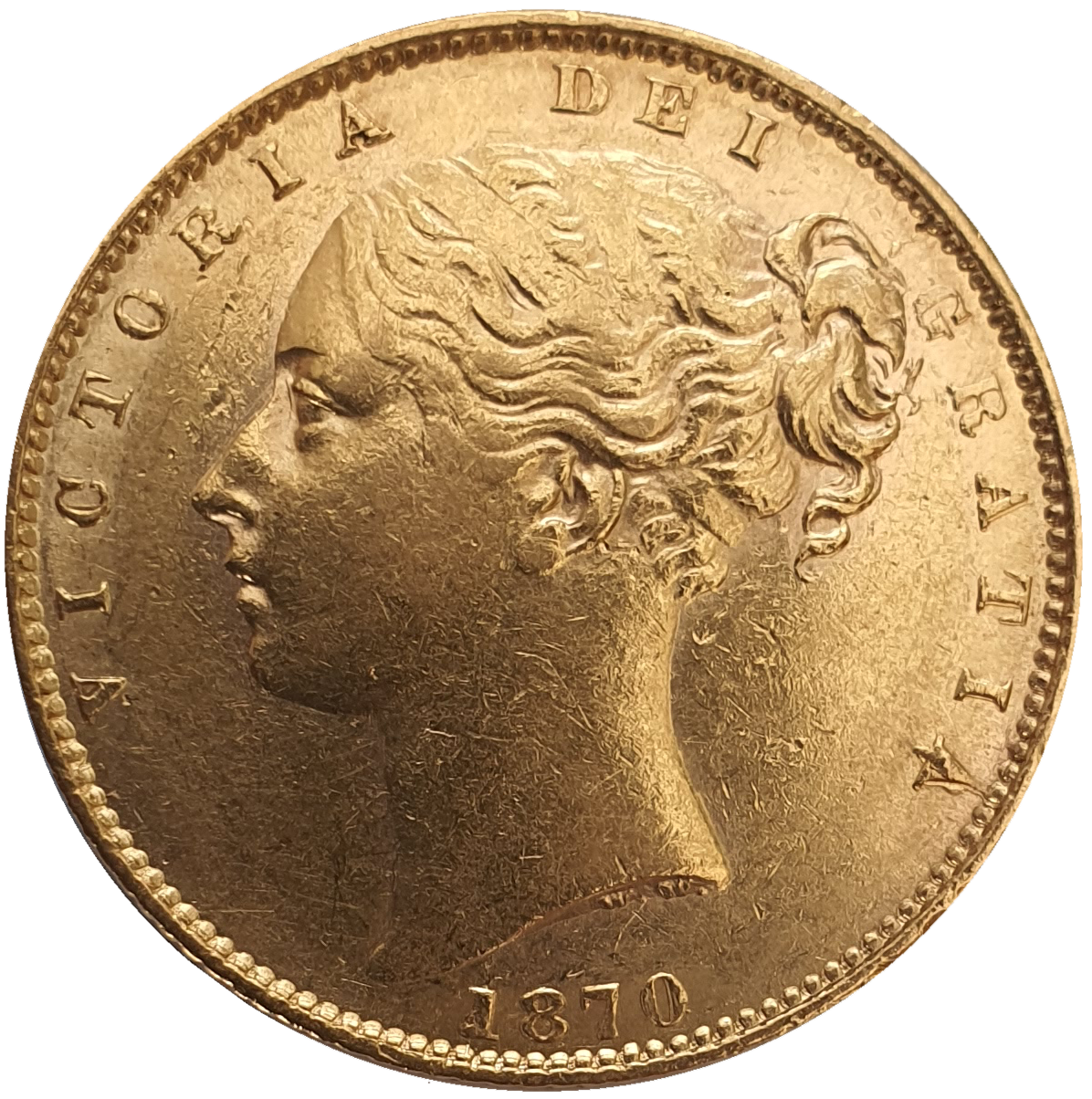 1870 Queen Victoria Shield Reverse Sovereign - Raised WW Die No123