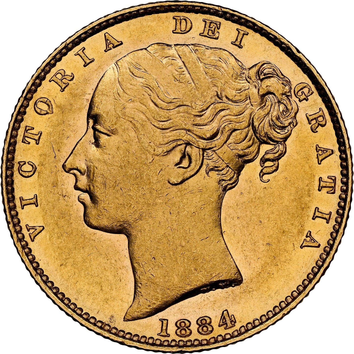 1884-M Queen Victoria Shield Reverse Sovereign - NGC AU-58 AUNC