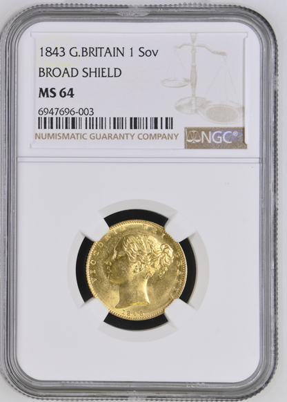 1843 Queen Victoria Shield Reverse Sovereign NGC MS 64 'TOP POP'