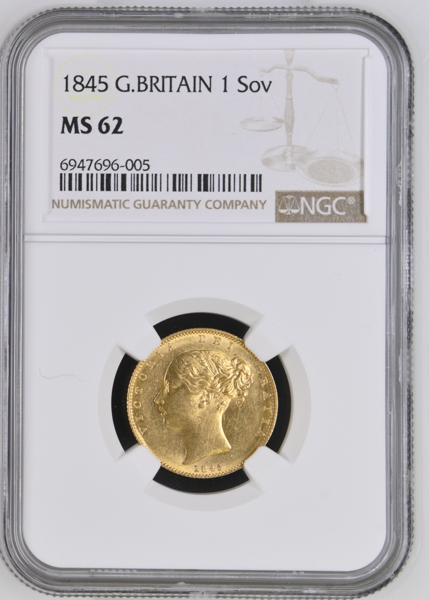 1845 Queen Victoria Shield Reverse Sovereign NGC MS 62