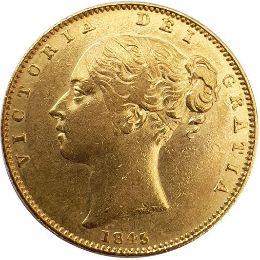 1845 Queen Victoria Shield Reverse Sovereign - High '4' in Date