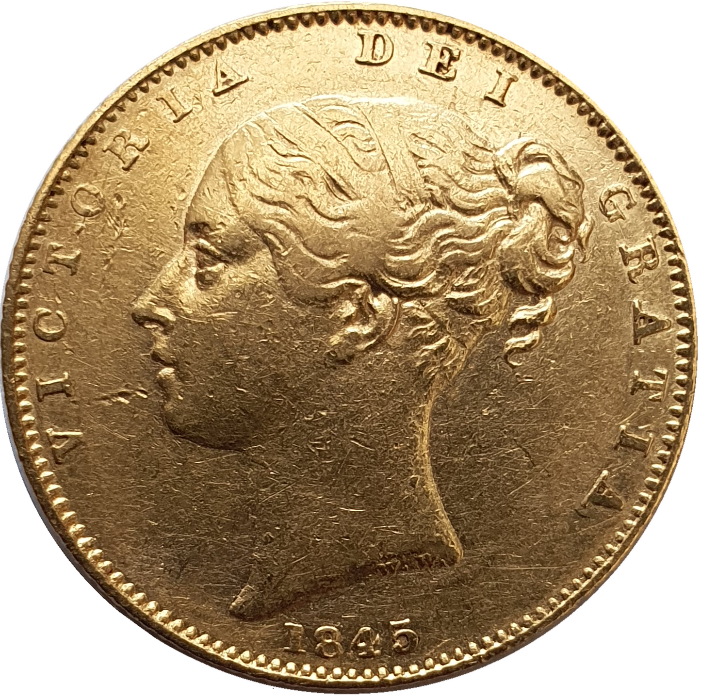 1845 Queen Victoria Shield Reverse Sovereign - large '5' in date