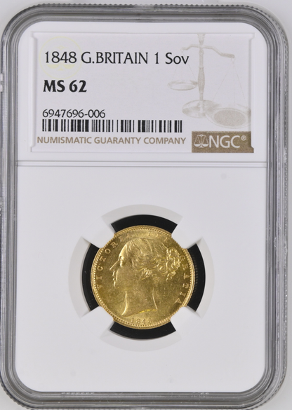 1848 Queen Victoria Shield Reverse Sovereign - NGC MS 62