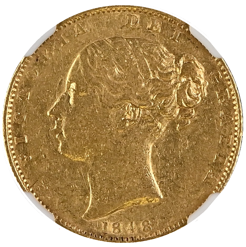 1848 Queen Victoria Shield Reverse Sovereign SMALL HEAD - NGC AU50
