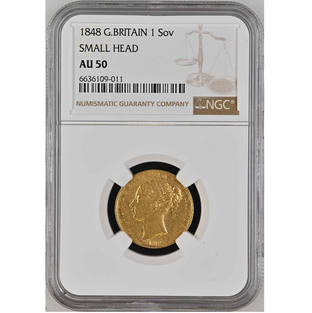 1848 Queen Victoria Shield Reverse Sovereign SMALL HEAD - NGC AU50