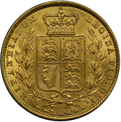 1860 Queen Victoria Shield Reverse Sovereign - 'O/C in Victoria' MS-63