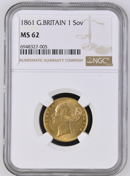 1861 Queen Victoria Shield Reverse Sovereign NGC MS-62