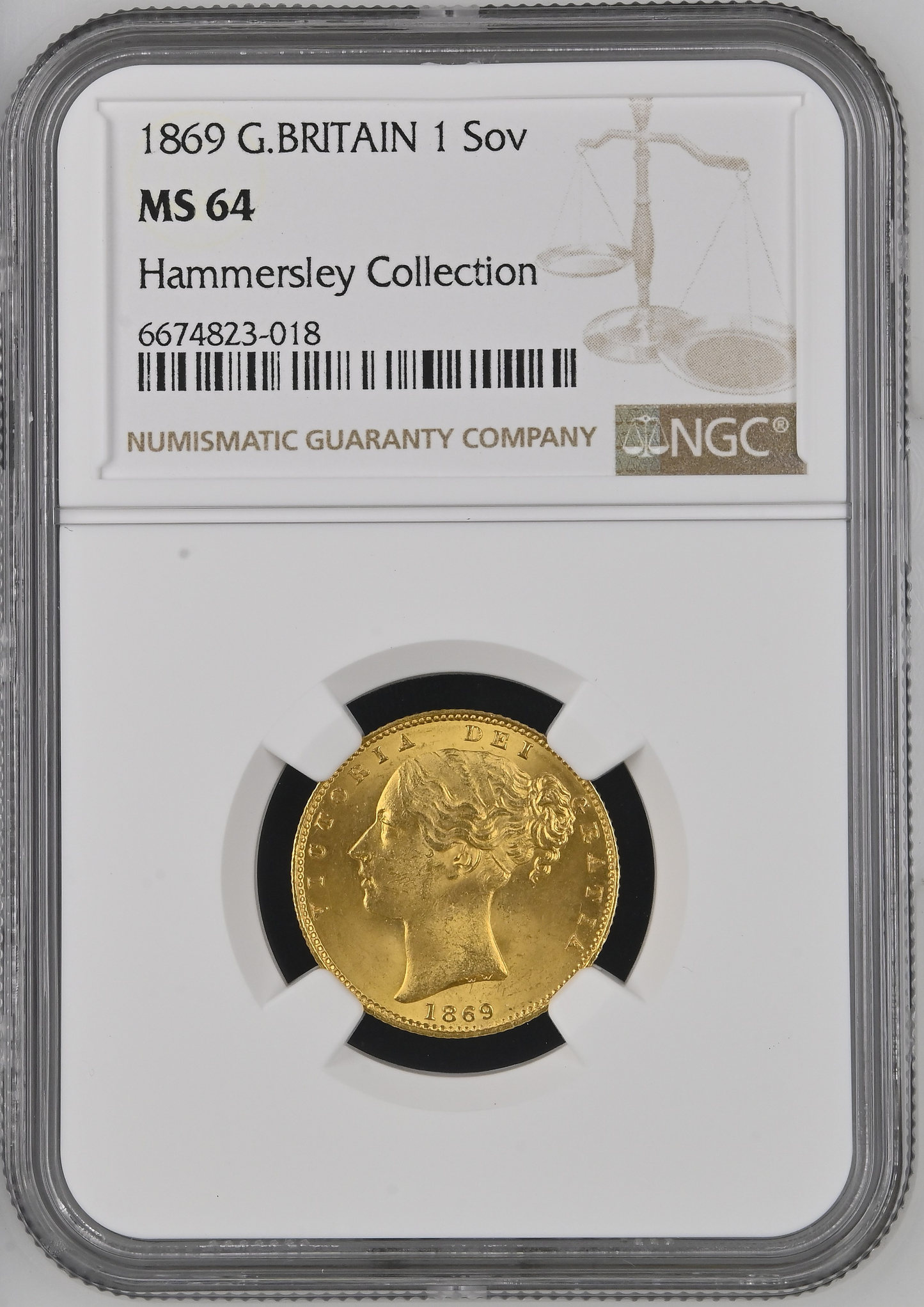 1869 Queen Victoria Shield Reverse Sovereign - #Die No60 - NGC MS-64 UNC