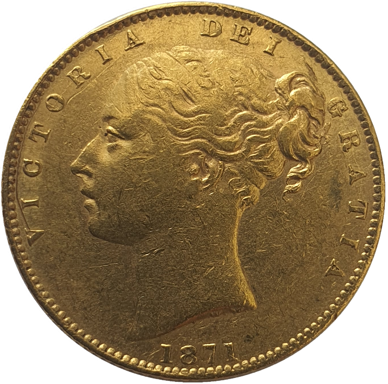 1871-S Queen Victoria Shield Reverse Sovereign - WW in relief