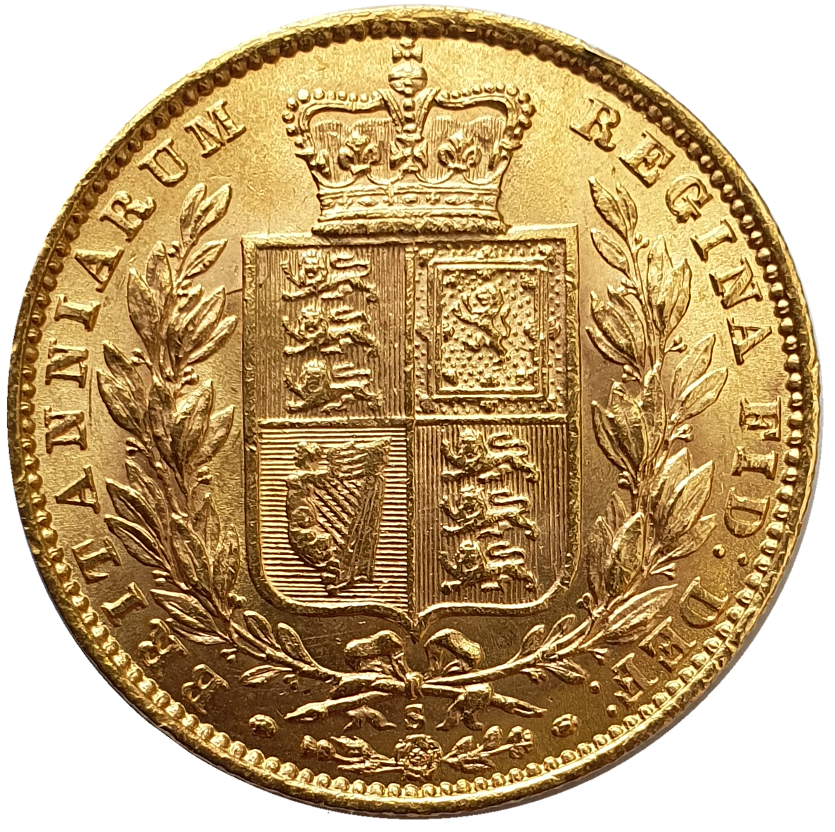 1871-S Queen Victoria Shield Reverse Sovereign - WW in Relief