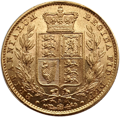 1880-S Queen Victoria Shield Reverse Sovereign - A for V in VICTORIA