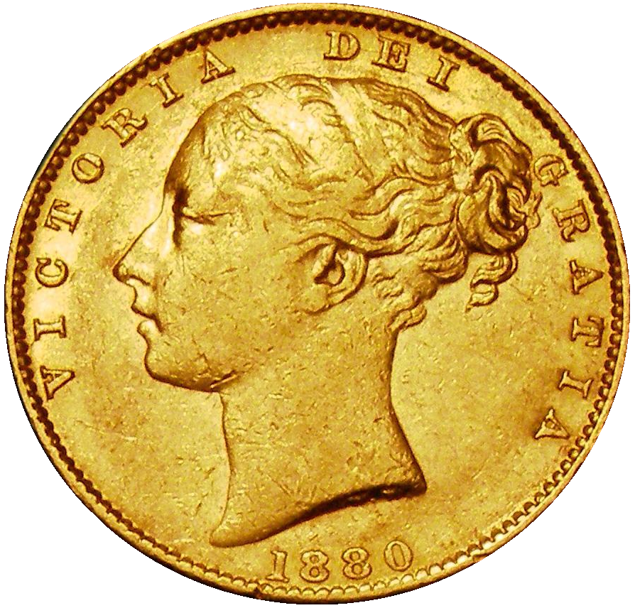 1880-S Queen Victoria Shield Reverse Sovereign - A for V in VICTORIA