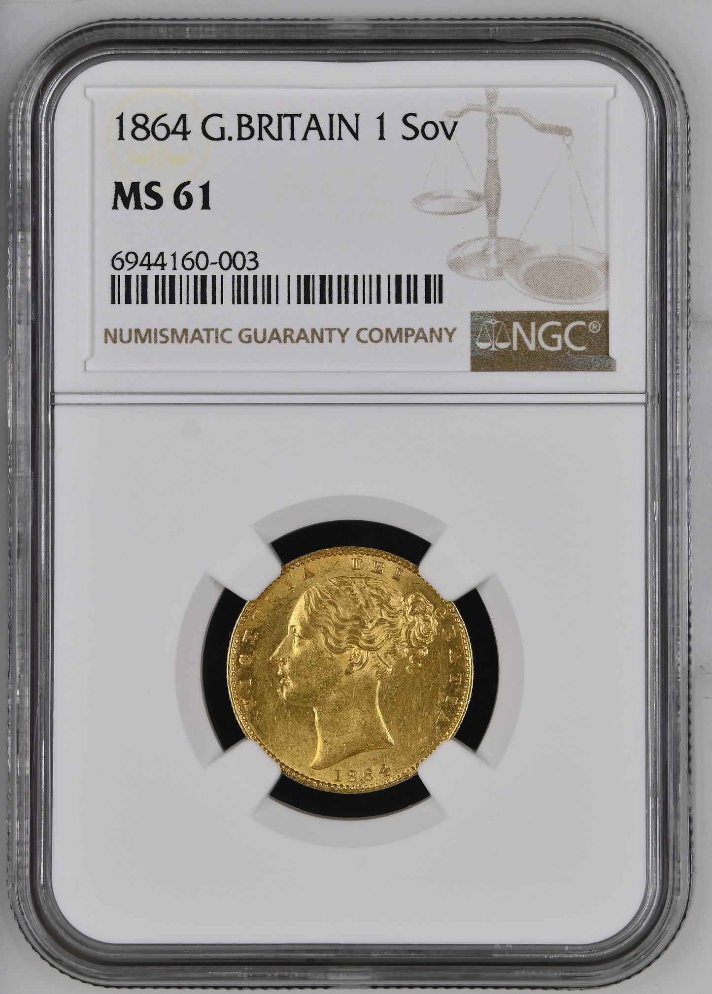 1864 Queen Victoria Shield Reverse Sovereign - #Die No53 - NGC MS-61 UNC