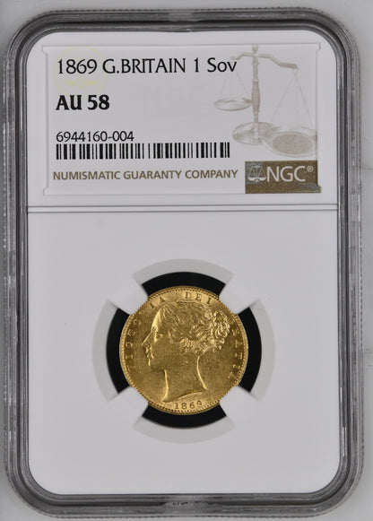 1869 Queen Victoria Shield Reverse Sovereign - Die No8 - NGC AU-58 AUNC