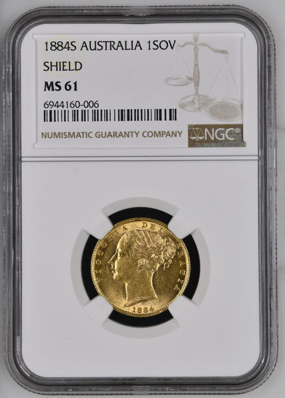 1884-S Queen Victoria Shield Reverse Sovereign - NGC MS-61 UNC