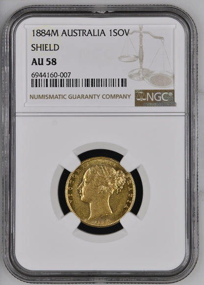 1884-M Queen Victoria Shield Reverse Sovereign - NGC AU-58  AUNC