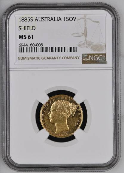 1885-S Queen Victoria Shield Reverse Sovereign - NGC MS-61 UNC