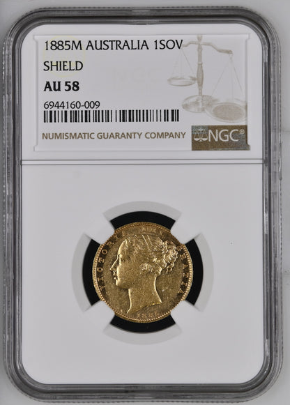 1885-M Queen Victoria Shield Reverse Sovereign - NGC AU-58 AUNC