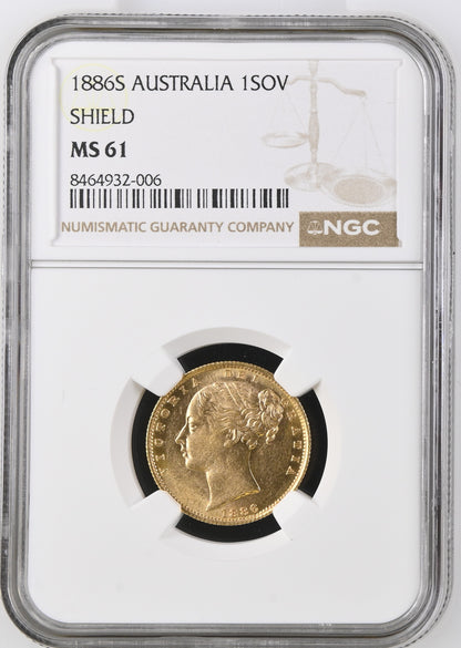 1886-S Queen Victoria Shield Reverse Sovereign - About As Struck