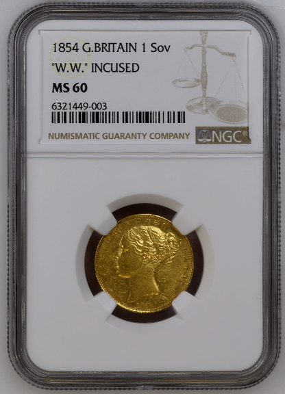 1854 Queen Victoria Shield Reverse Sovereign - NGC MS-60 UNC