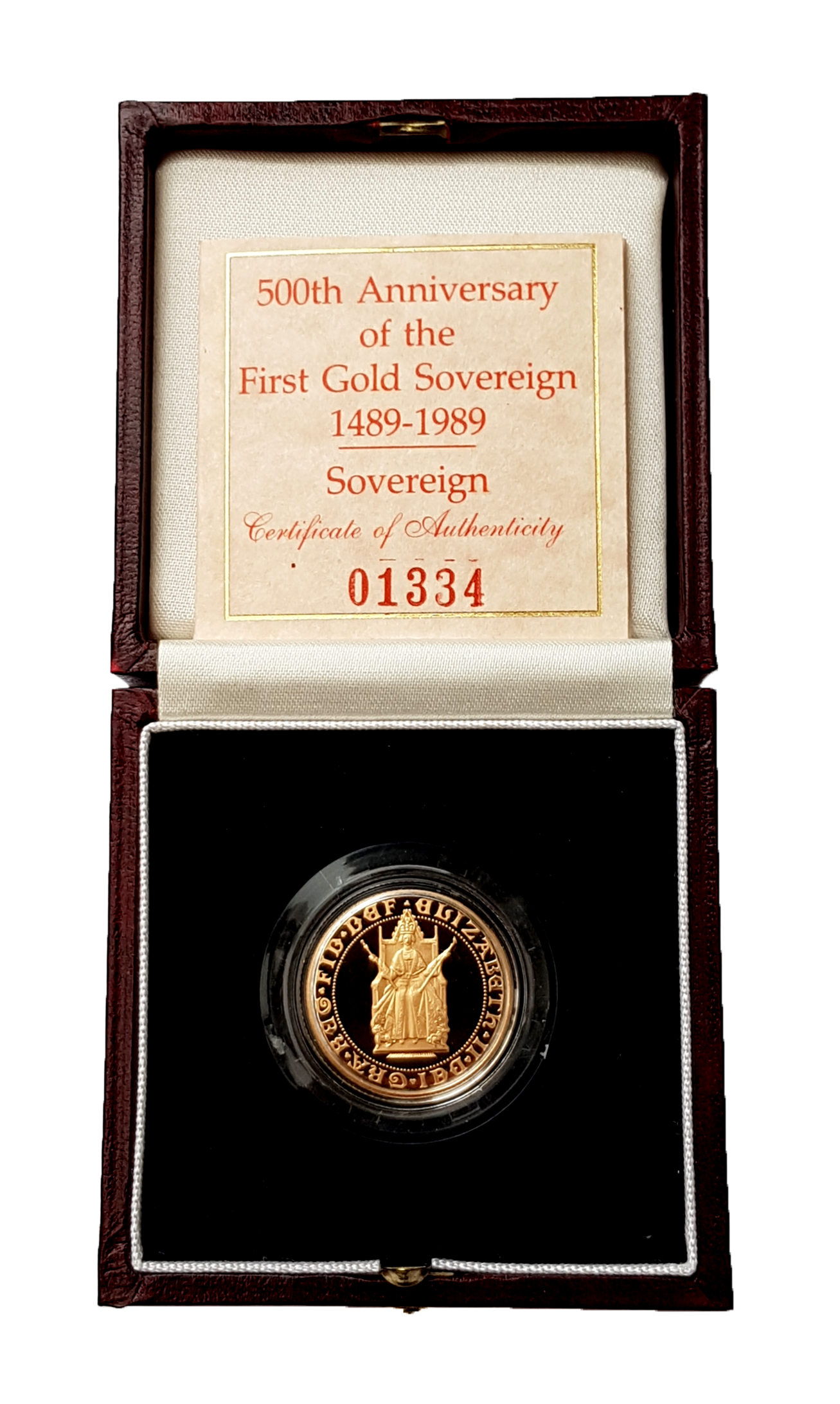 1989 Proof 500th Anniversary sovereign by Bernard Sindall