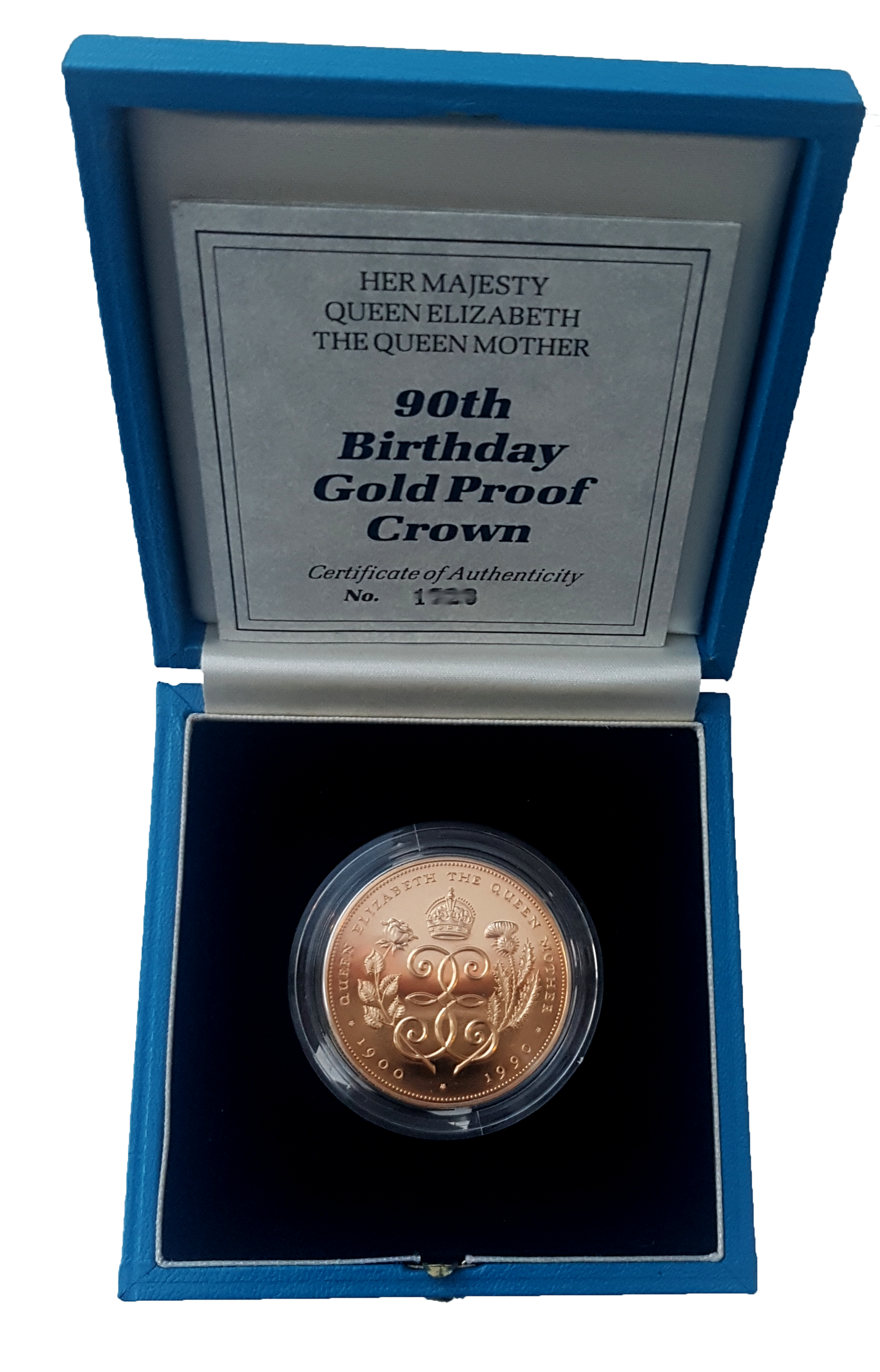 1990 Queen Elizabeth II 90th Birthday Queen Mother Gold Proof  5 Pound + Boxed / COA