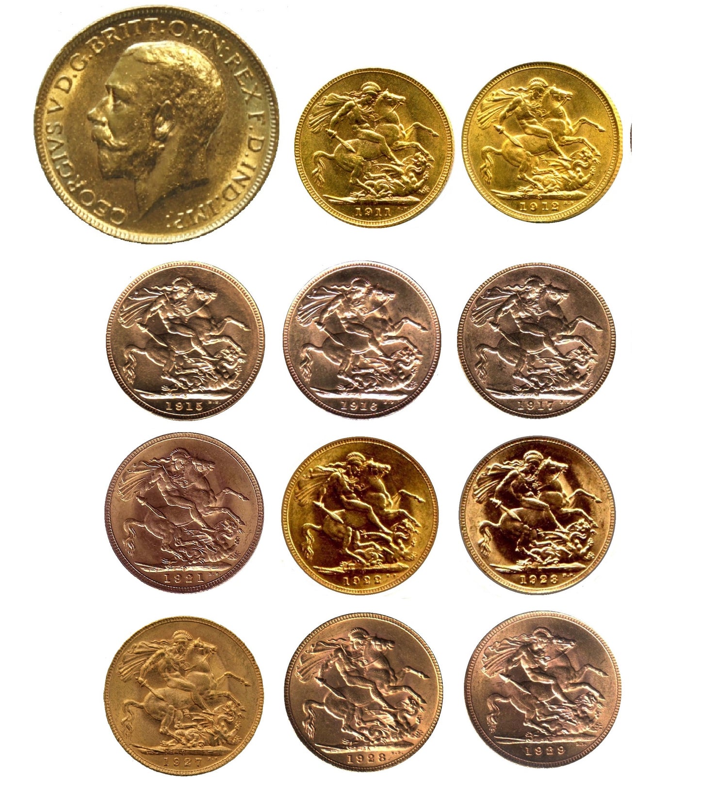 King George V Sovereigns 1911-1932 Complete date series (22 Sovereigns)