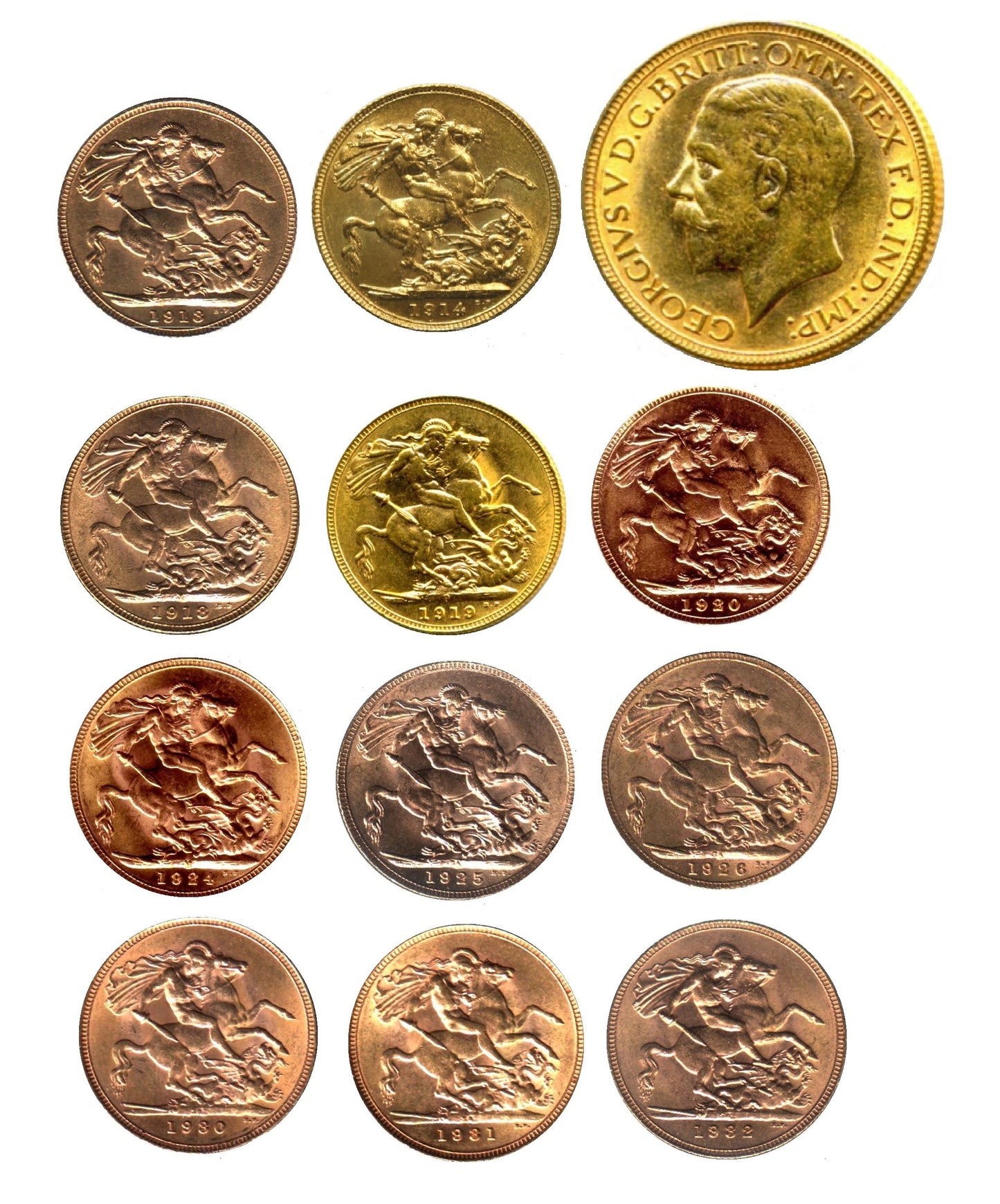 King George V Sovereigns 1911-1932 Complete date series (22 Sovereigns)