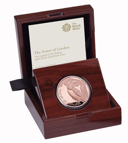 2019 Queen Elizabeth II 'The Tower Ravens' Gold Proof £5 Coin + Boxed / COA